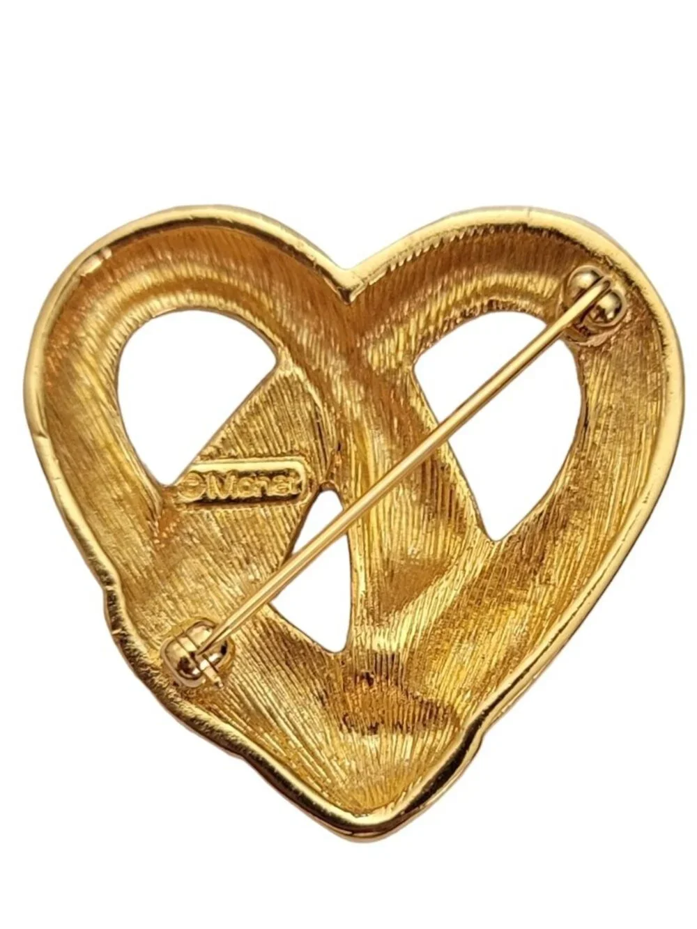 Monet Brushed Gold Tone Clear Rhinestone Vintage Open Heart Brooch, Signed E263